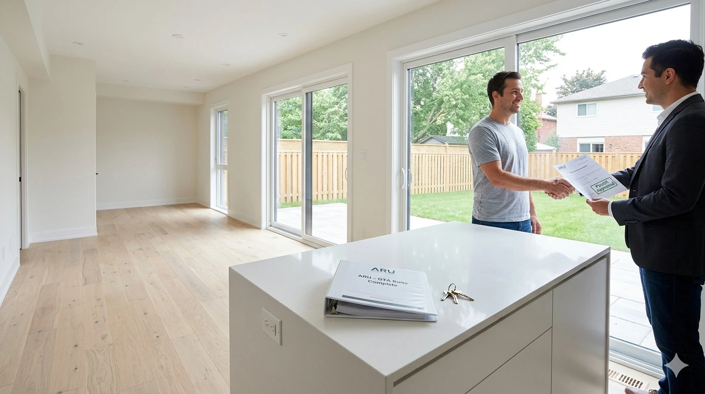 Interior view of a bright, modern garden suite living room. An ARU representative is handing the final approved permit and keys to a happy GTA homeowner, symbolizing the successful and legal completion of the construction process.