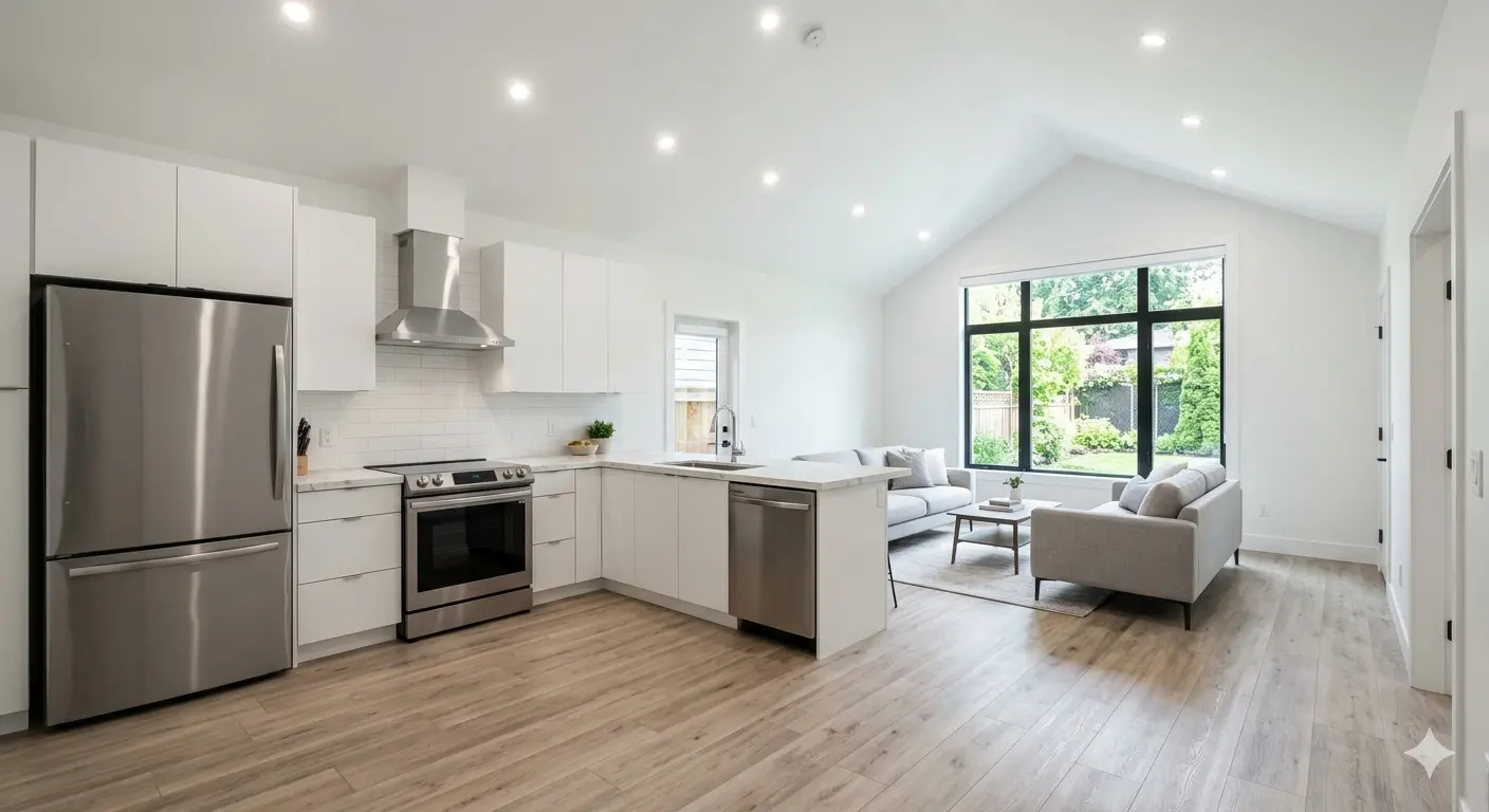 A bright, open-concept modern kitchen and living area inside a legal garden suite in the GTA, featuring vaulted ceilings and stainless steel appliances.