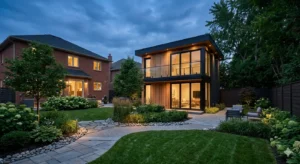 A realistic architectural view of a luxury two-story garden suite with modern wood siding and glass balconies in a suburban GTA backyard at dusk.